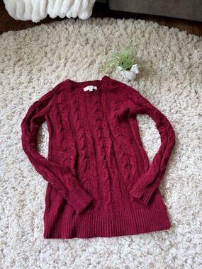 LOFT Cable Knit Crew Neck Sweater in Red, size XS. Features long sleeves, a ribb